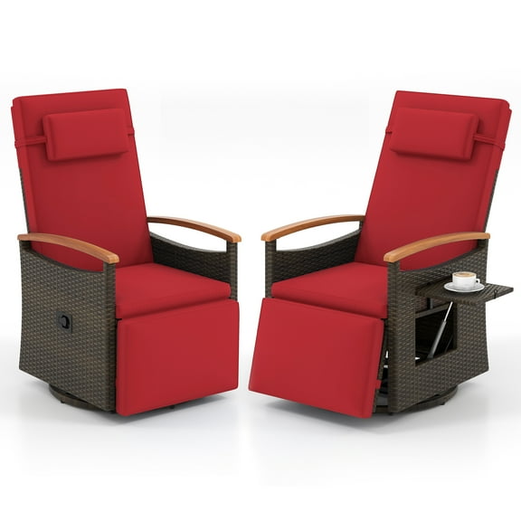 Gymax Set Of 2 Outdoor 360° Swivel Rattan Recliner Chair Patio Wicker Chaise Lounge Chair Red