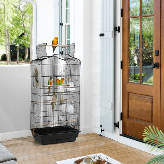 Yaheetech 41'' H Open Top Metal Bird Cage with Four Feeders, Black