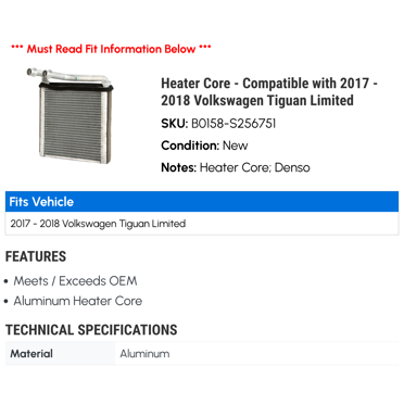 UAC Heater Core 57165BF For Volkswagen Tiguan 2009-2017 (Aluminum)