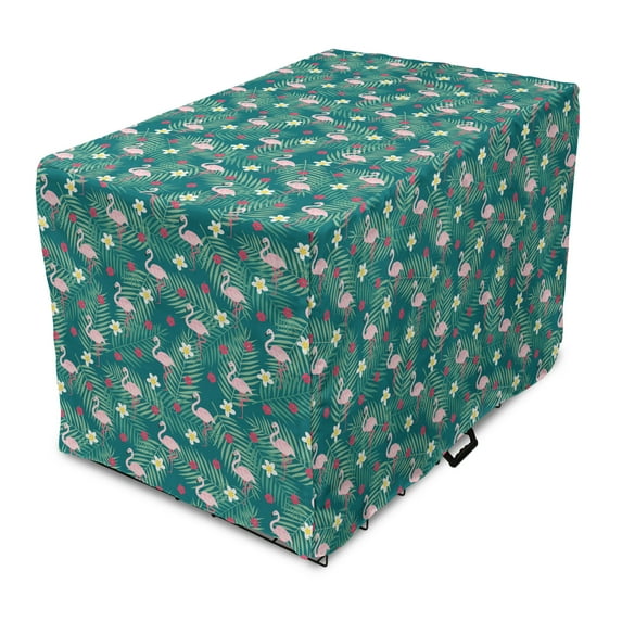 Flamingo Dog Crate Cover, Tropical Plants Hibiscus Petals on Palm Leaf Botany Paradise, Easy to Use Pet Kennel Cover Small Dogs Puppies Kittens, 7 Sizes, Dark Teal Rose Magenta, by Ambesonne