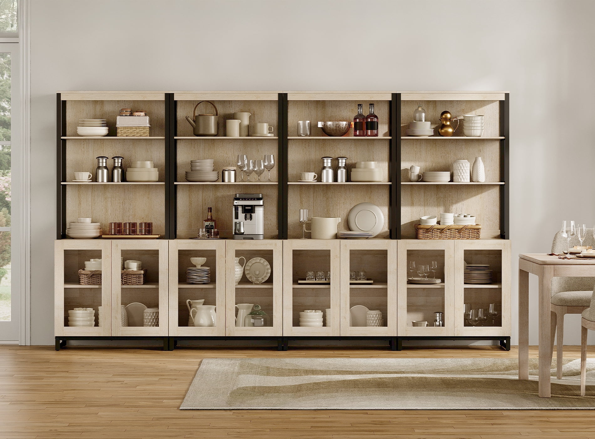 WAMPAT 4 PCS Modern 72" Tall Bookcases with Glass Doors and Adjustable Shelves, Library Book Shelf with Storage Cabinet and Open Book Shelfs, Wood Bookshelves for Home Office, Living Room, Beige