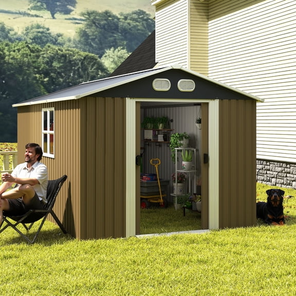 LuckyNote 8x12 FT Outdoor Metal Storage Shed, Large Garden Tool Shed with Lockable Door, Sturdy Frame, Weatherproof, Brown