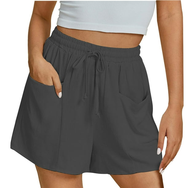 Pantalones Cortos de Piernas Anchas para Mujeres Lino de Color Sólido, Cintura Elástica Cómoda Longitud Regular