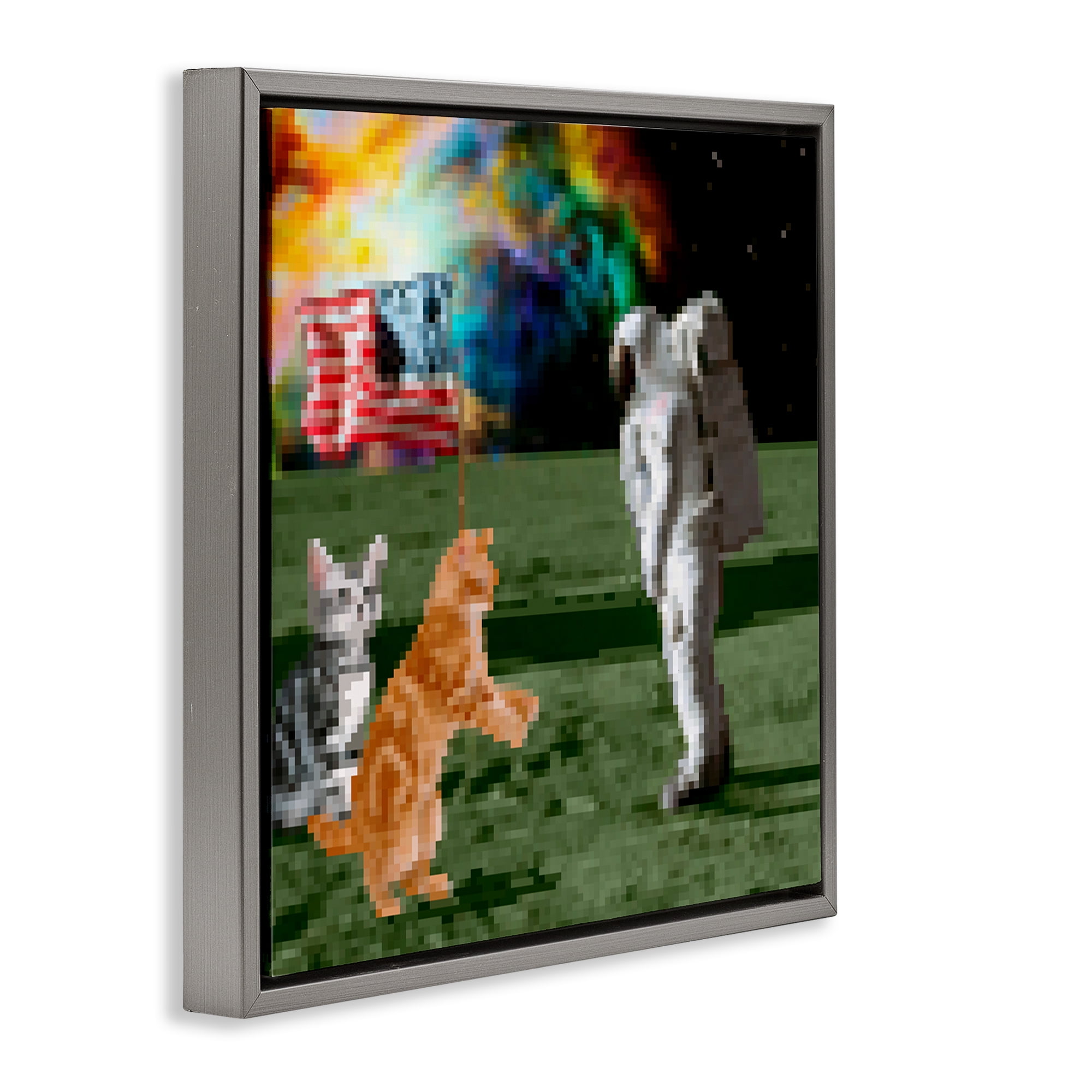 Stupell Industries Pixel Cats & Astronaut Novelty & Humor Painting Gray Floater Framed Canvas Art Print Wall Art, 25 x 25
