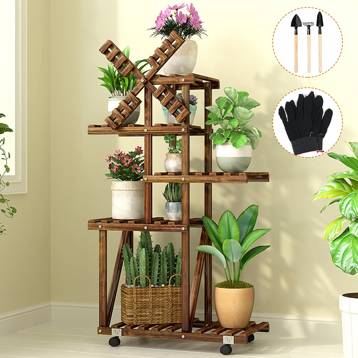 2 Tier Tall Bamboo Flower Plants Rack Heavy Duty Potted Holder Display Corner Stand 4-Tier Indoor Wood Plant Stand Shelf 2 Level for Living Room Pot Plants