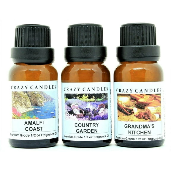 Crazy Candles 3 Bottles Set, 1 Amalfi Coast, 1 Country Garden, 1 Grandma's Kitchen 1/2 Fl Oz Each (15ml) Premium Grade Scented Fragrance Oils