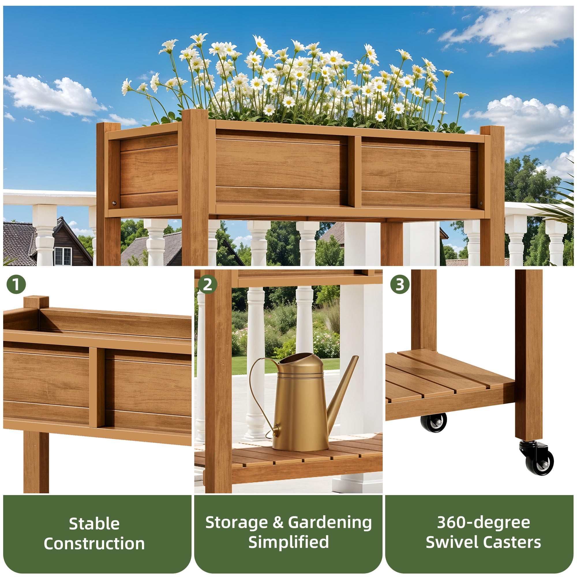 Uforic Elevated Planter Box with Wheels, Weatherproof HIPS Raised Garden Bed with Drainage, Natural