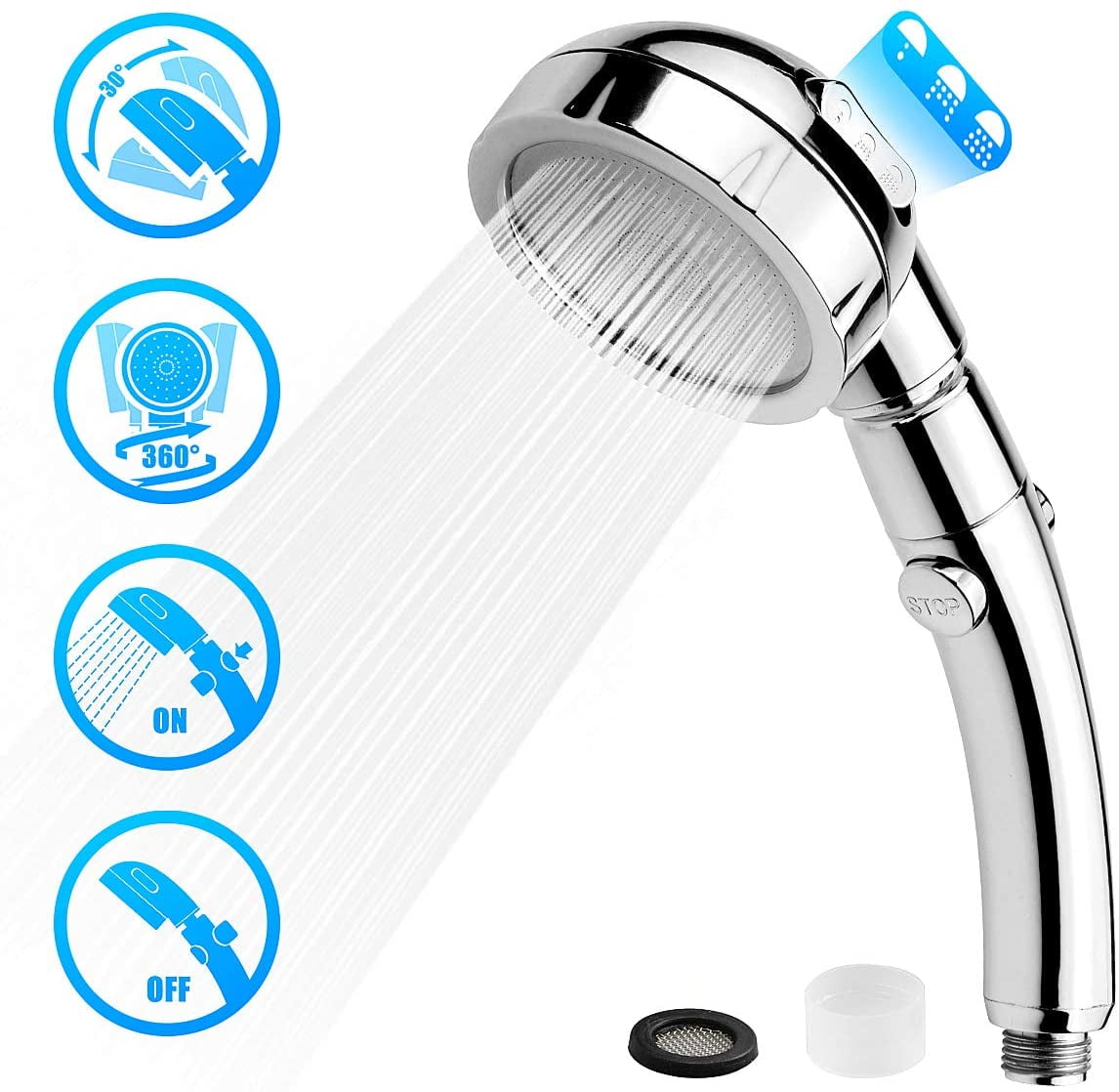 Shower Head, Universal Handheld Shower Head with ON/Off Pause Switch 3Settings AngleAdjustable