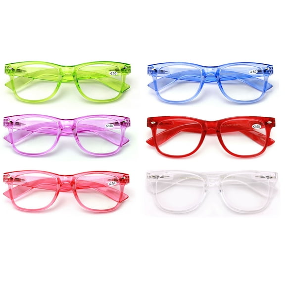 6 Pairs of Classic Comfortable Reading Glasses - Spring Hinge Neon Color Clear Lens Readers