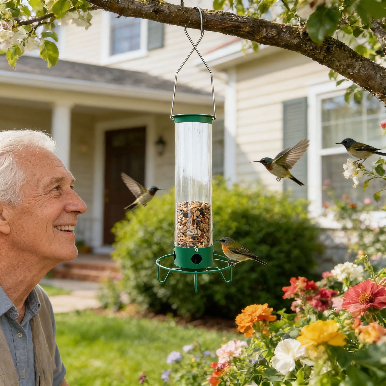 Squirrel Proof Hanging Bird Feeder Sensing Wild Bird Feeder Large Capacity Tube Bird Feeder Ideal for Garden Patio and Backyard Bird Watching
