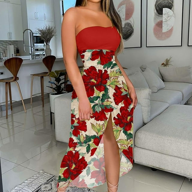 SMihono Robe Maxi Bohème d'Été pour Femmes Grande Taille Robe Longue Sans Bretelles Imprimée d'Été pour Femmes Robe de Plage Fendue Robe de Fête Boîte de Nuit Robe de Plage Robe d'Été
