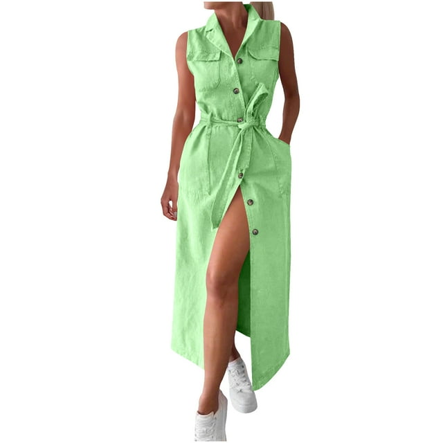 Robe Longue Décontractée Sans Manches pour Femme avec Taille Ajustable à Ceinture, Col en V, Design Uni pour le Quotidien et les Occasions Polyvalentes