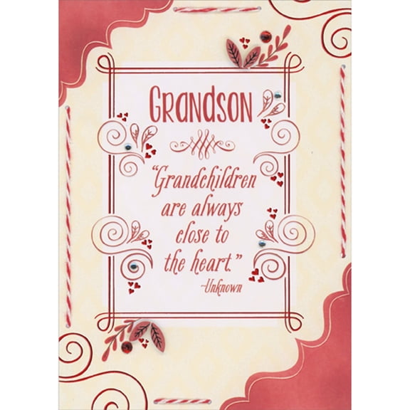 Designer Greetings Always Close to the Heart: 3D Leaves, Red and White String and Gems Hand Decorated Valentine's Day Card for Grandson