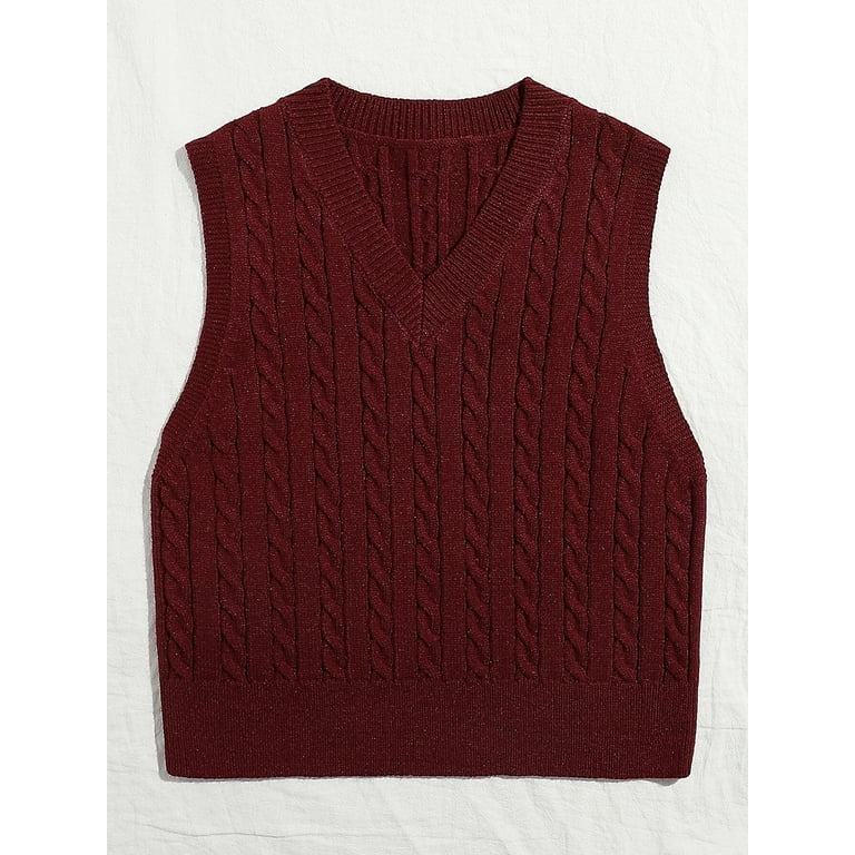 Hotian Women Cable Knit Sweater Vest V Neck Pullover Burgundy M