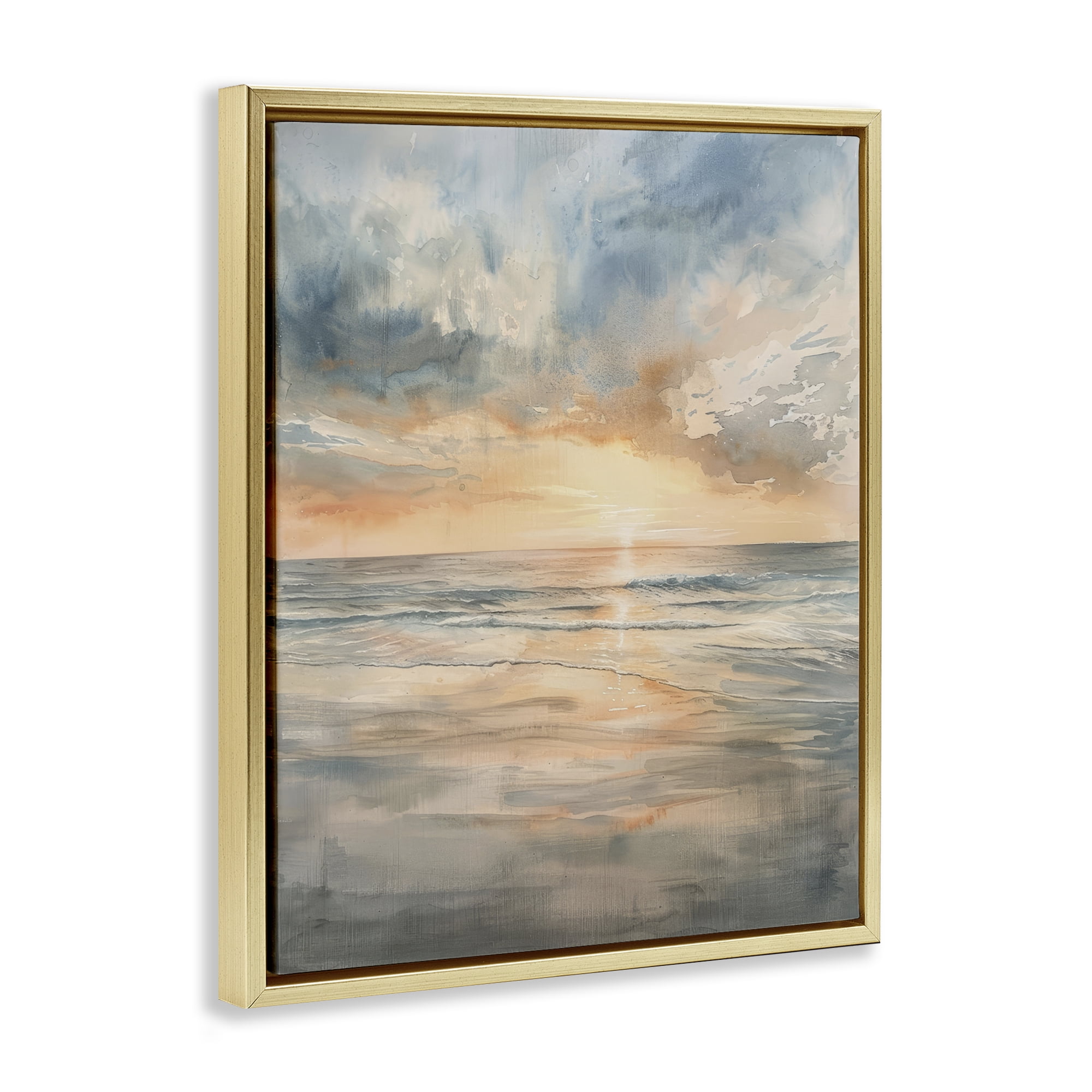 Stupell Industries Coastal Sunset over Gentle Waves Gold Framed Floater Canvas Wall Art, design by Petal Prints Design