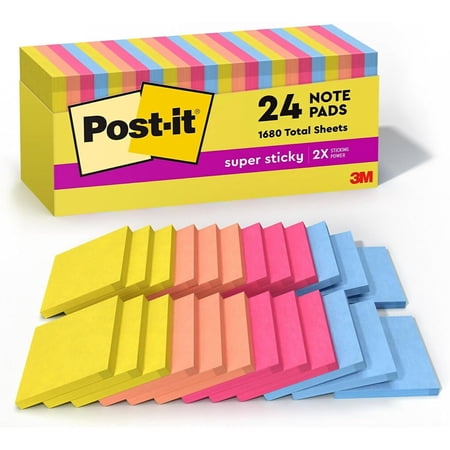 Notes Super Sticky Note Pads in Summer Joy Collection Colors, 3" x 3", Summer Joy Collection Colors, 70 Sheets/Pad, 24 Pads/Pack