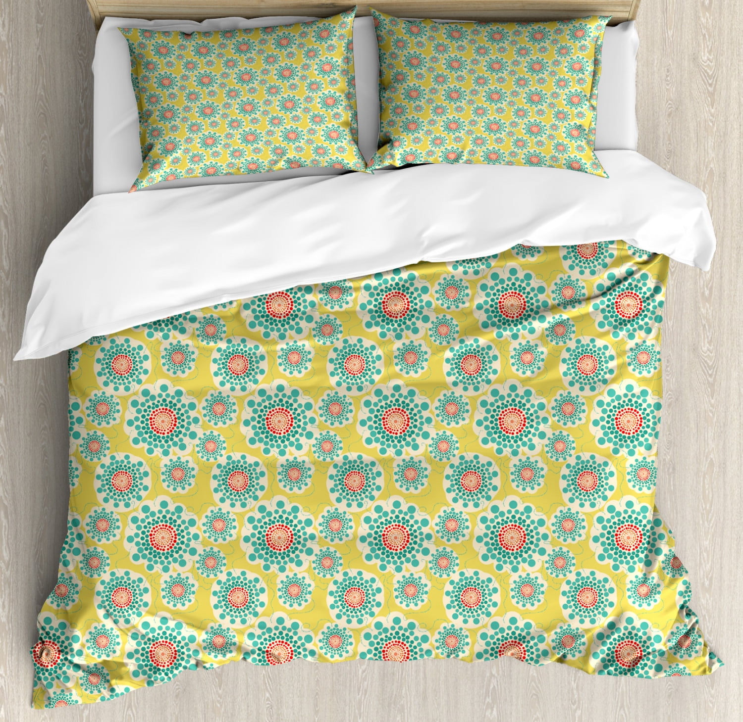 Yellow and Blue Queen Size Duvet Cover Set, Abstract Dotted Floral