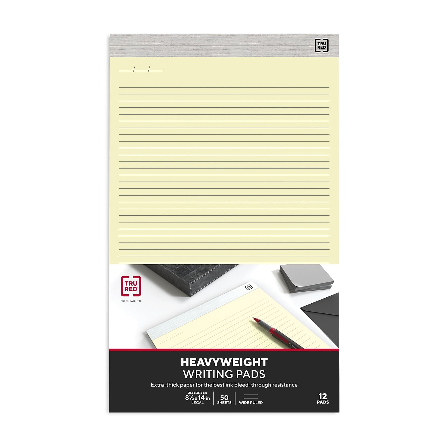 Staples TRU RED Notepads 8.5" x 14" Wide Ruled Canary 50 Sheets/Pad 24/Carton TR59930/TR573VS