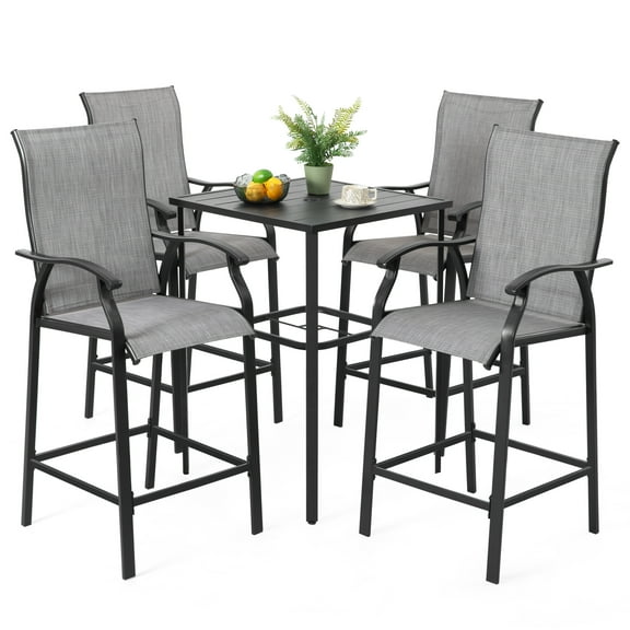 Nuu Garden 5-Piece Outdoor Bar Set, Bar Height Patio Bistro Set, 4 Textilene Height Back Bar Stools with Footrest and 1 High Top Table with Umbrella Hole, Black and Gray