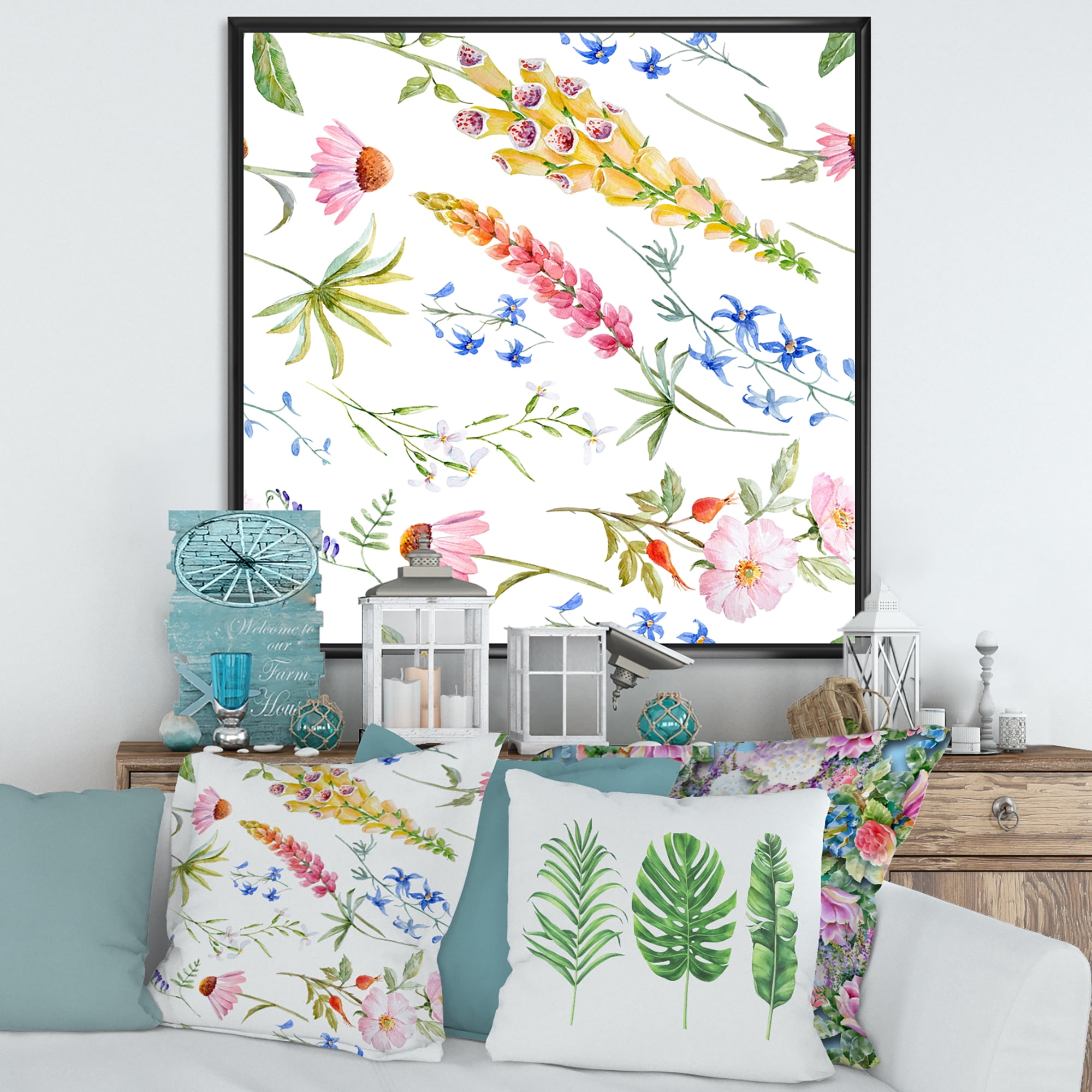 Designart 'Vibrant Summer Wildflowers On White I' Traditional Framed Canvas Wall Art Print