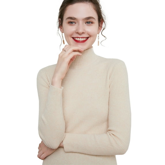 Womens Knit Mock Turtle Neck Wool Stretch Long Sleeve Pullover Sweater, Beige, Medium