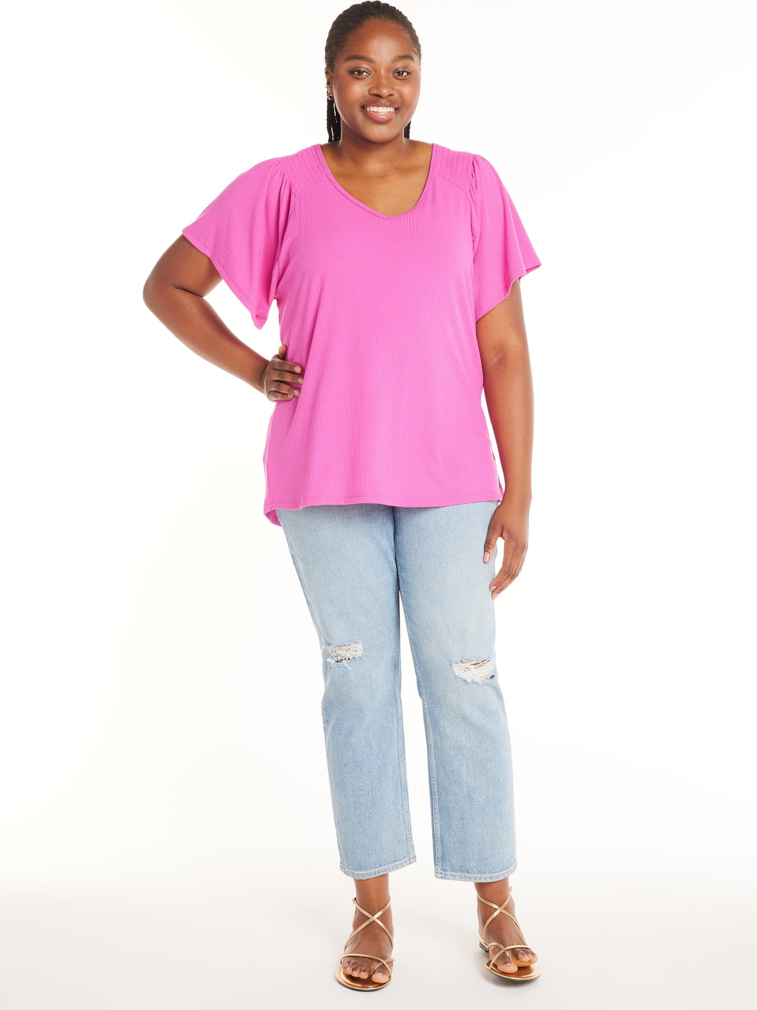 Terra & Sky Women's Plus Size Ribbed Flutter Sleeve Top, Sizes 0X-5X