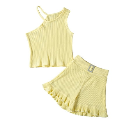 

Chollius 3 Pcs Toddler Girl Summer Short Pants Outfits Ribbed Oblique Shoulder Tank Tops + Ruffles Hem Shorts + Belt