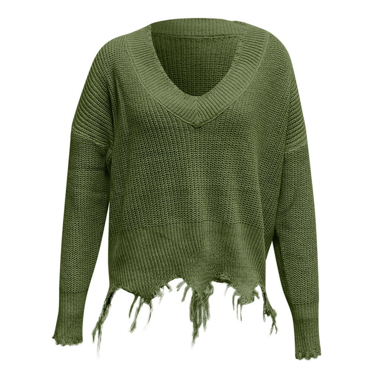 Eguiwyn Women's Sweater Women Loose Casual V Neck Pullover Hem Fringe Solid  Color Knit Sweater Army Green Xl