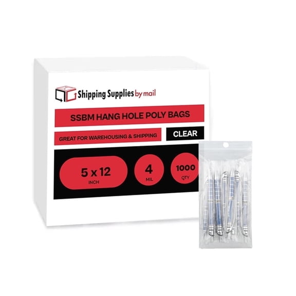 SSBM 1000 Clear Reclosable Hang Hole Poly Bags 5"x12" 4 Mil Top Seal Jewelry, Craft Packaging Plastic Zipper Bags
