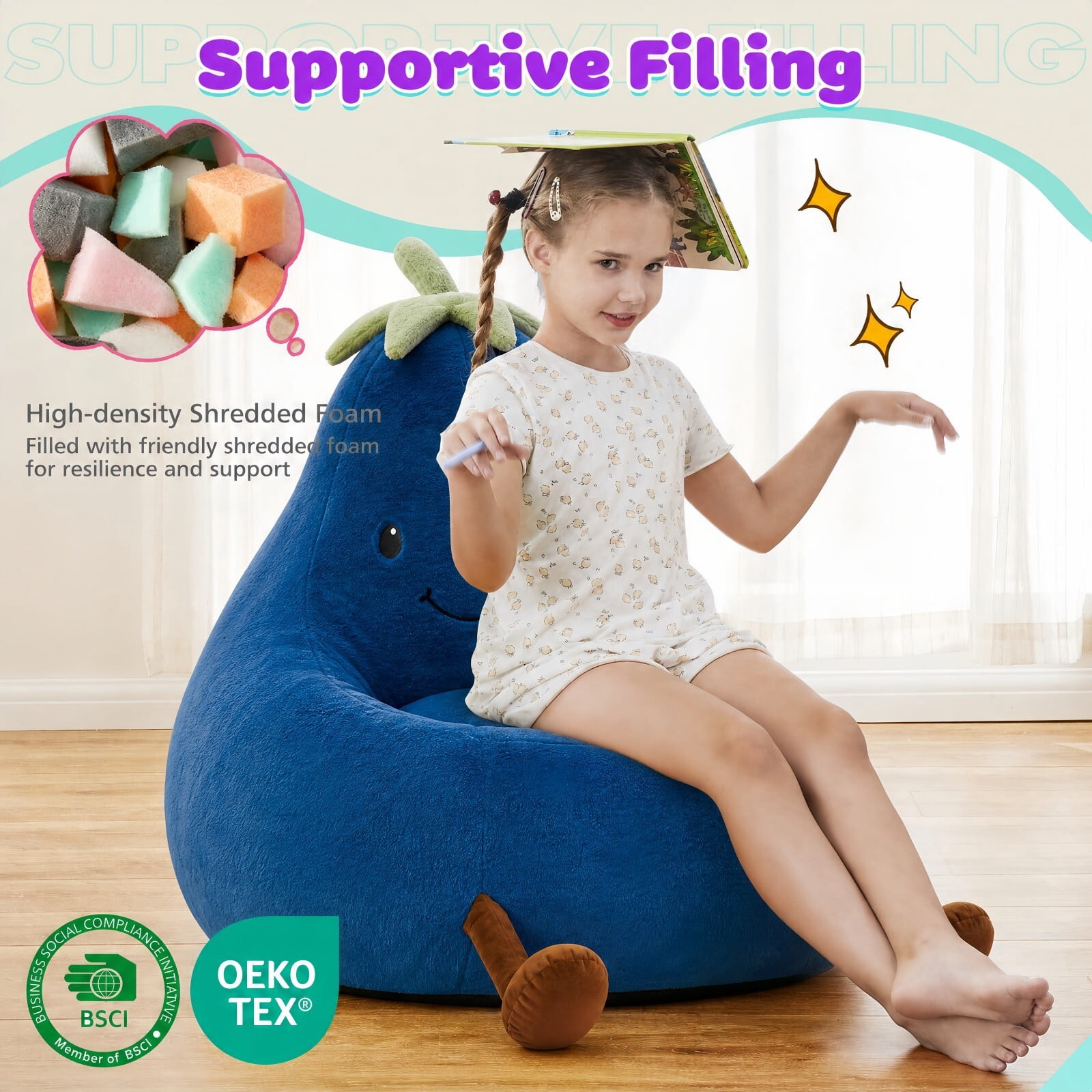 Kelno 31" Kids Bean Bag Chair Faux Rabbit Fur Lazy Chair Toddler Couch, Dark Blue