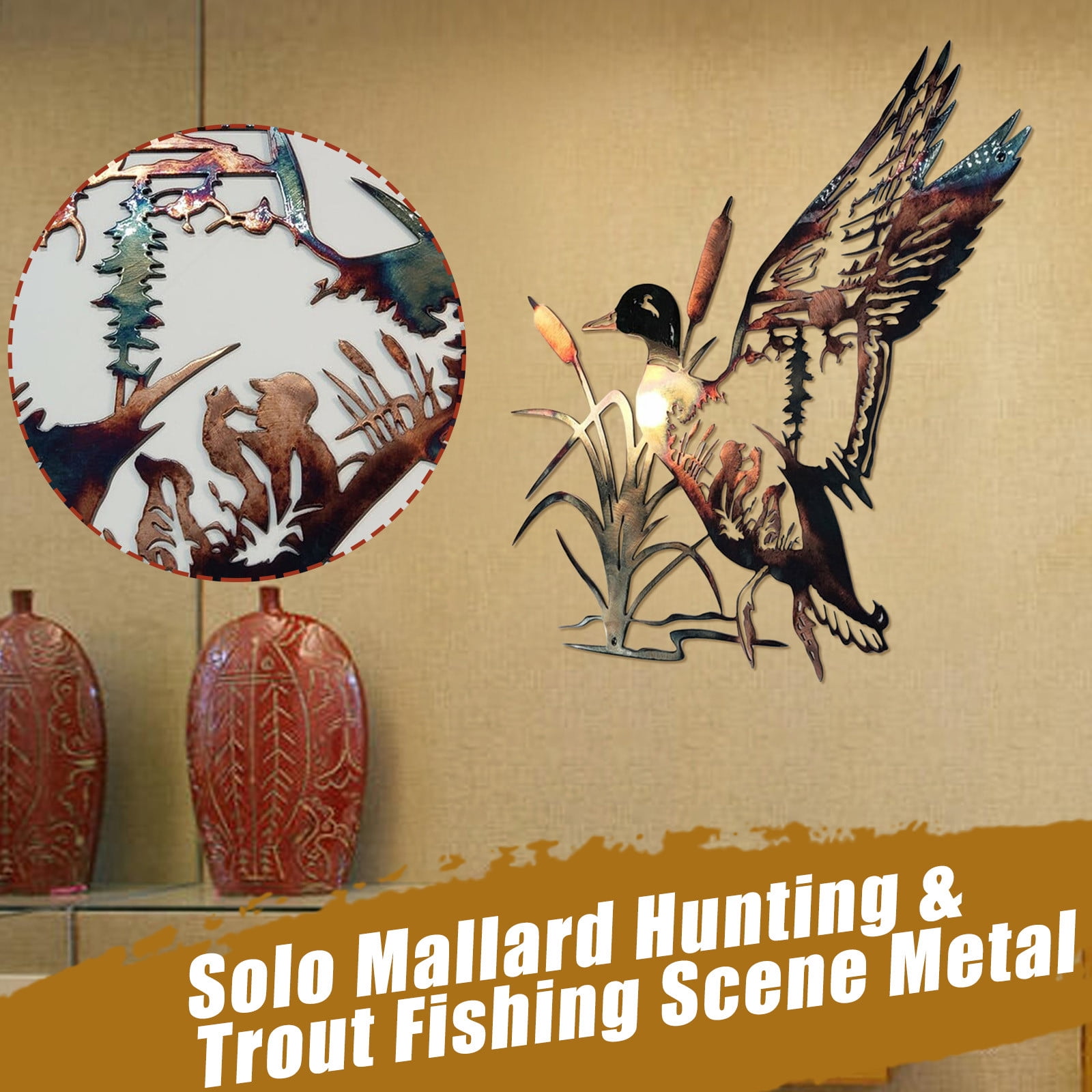 komsoup Hunting & Trout Fishing Art Wall Decor 3D SceneMetal Fish Wall Art  | Fly Fishing Trout Decor Hanging Gifts Home Living Room Bedroom Wall