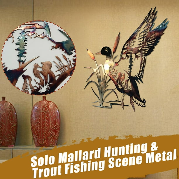 WREESH HUNTING & TROUT FISHING SCENE METAL WALL ART