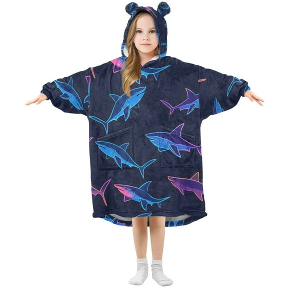 joogoo Wearable Blanket Hoodie for Neon Sharks Swimming Oversized Sherpa Hooded 3-14 YR M