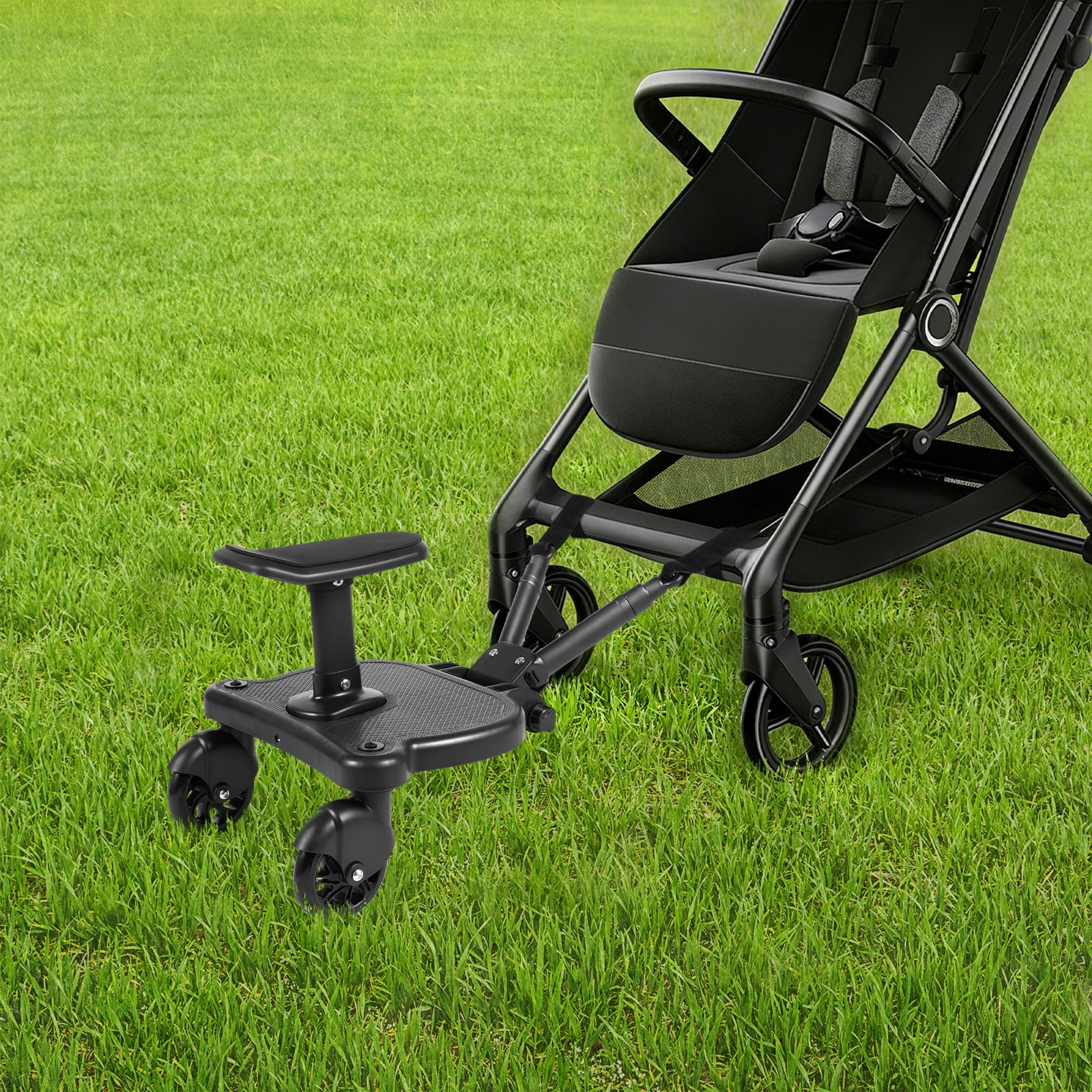 2-in-1 Universal Stroller Board with Detachable Seat – Sit & Stand Buggy Board for Toddlers Ages 3-7, 55lbs Capacity, 360° Smooth PU Wheels, Adjustable Height for Most Strollers – Black
