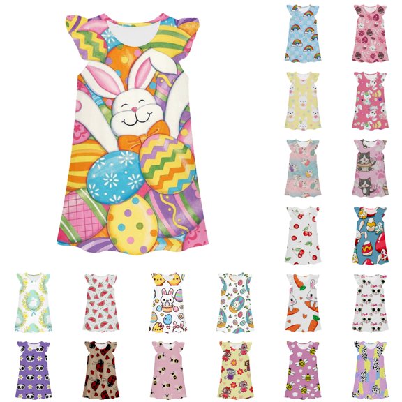 LRen Easter Dress Toddler Easter Eggs Print Short Sleeve Flutter Dress for Girls Cute Girls Summer Dresses Easter Gifts