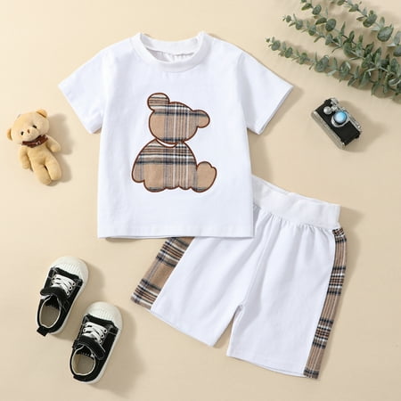 

Lamuusaa 2Pcs Baby Boys Girls Outfits Short Sleeve Crew Neck Bear Plaid T-shirt with Shorts for Casual Daily