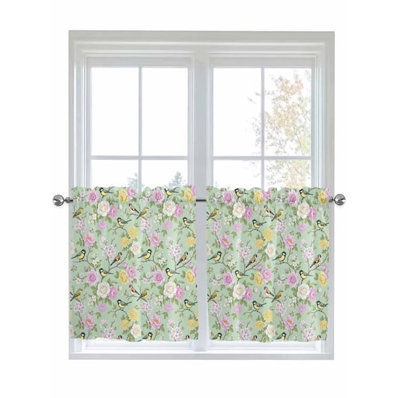 Sage Green Spring Floral 2 Panel Kitchen Curtains for Small Windows, Elegant Farmhouse Flowers Birds Watercolor Bathroom Tier Curtain, Short Window Treatment for Bedroom/Living Room 55"x36"