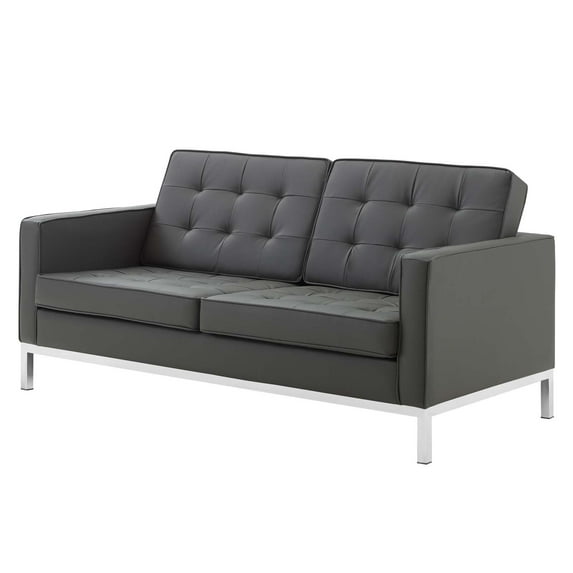 Contemporary Modern Urban Designer Living Room Lounge Club Lobby Loveseat Sofa, Faux Vinyl Leather, Grey Gray Silver