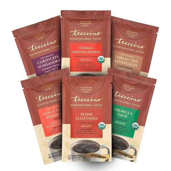 Teeccino Mushroom Adaptogen Herbal Coffee Sampler - 6 Trial-Size Packets, Medium Roast, Caffeine Free, Prebiotic