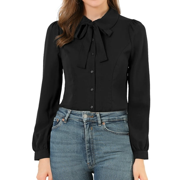 CAMISA DE MUJER CON BOTONES INSPIRADA EN CHIC, CUELLO PETER PAN, CON LAZO, BLUSA DE COLOR SÓLIDO, TAMAÑO M, NEGRO
