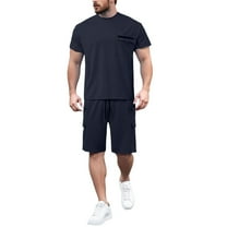 JIKNTTR Men's T Shirt And Shorts Set Solid Color Zipper Pocket Round Neck Short Sleeved T Shirt Shorts Casual Business Sportswear Set Trendy Versatile Outfits