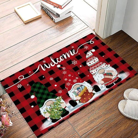 Christmas Door Mat 23."6x15.7 Welcome Mat Front Floor Mats, Non Slip Indoor Carpet/Absorbent Outdoor Shoes Scraper, Xmas Welcome Christmas Gnome Black Buffalo Check Plaid Rugs Doormats for Entryway