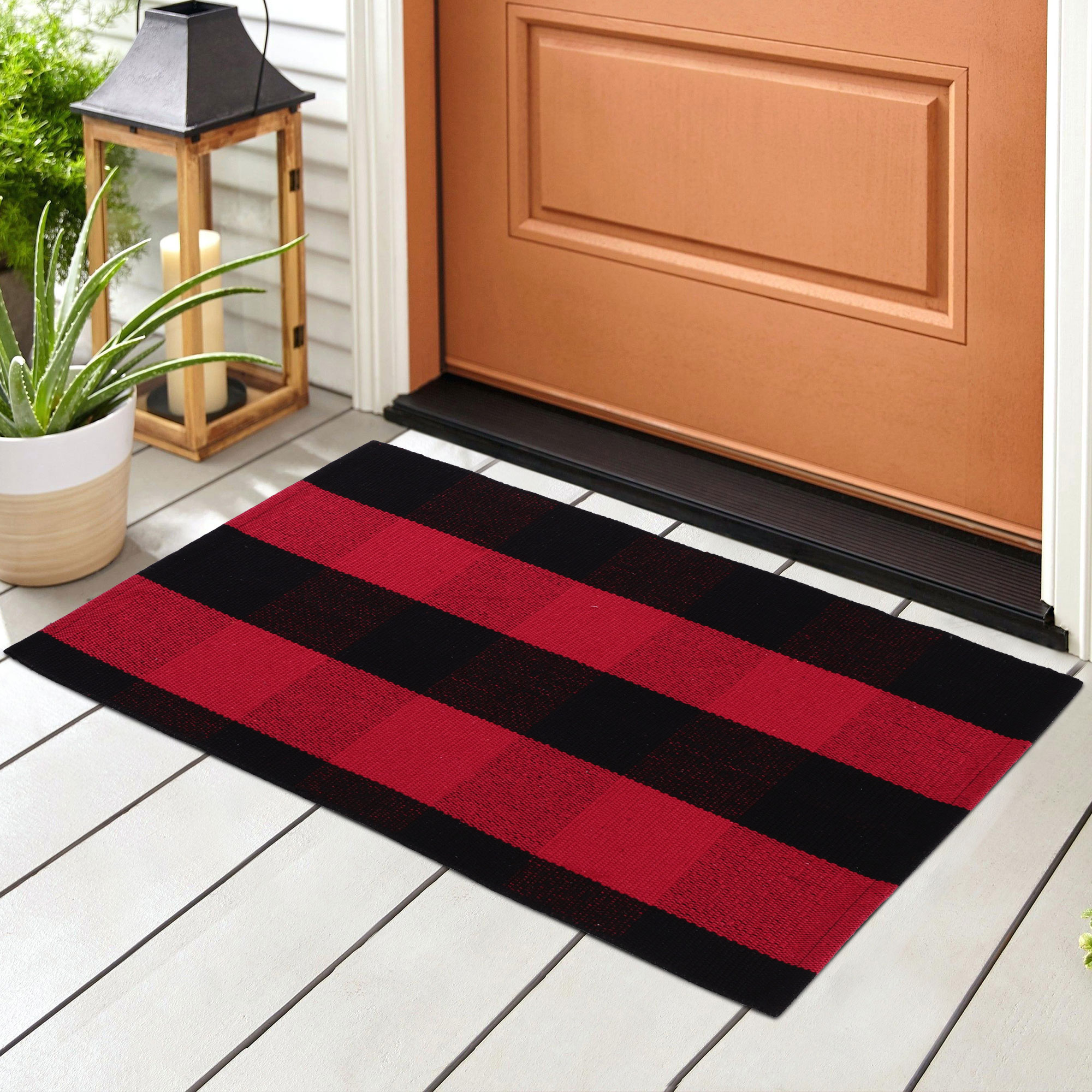 Unique Bargains Cotton Woven Checkered Area Rugs Floor Rug Carpet Mat Red & Black 28"x18"