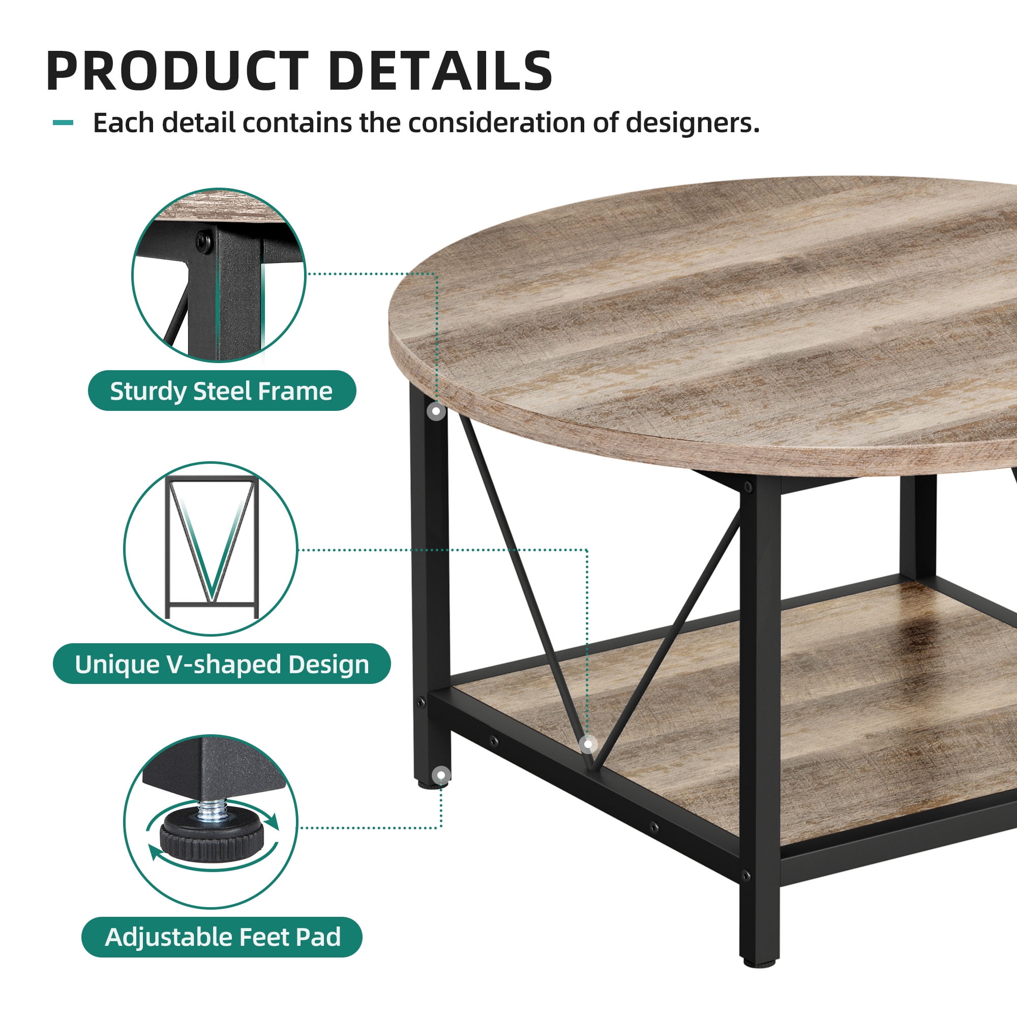 Dextrus Round Coffee Table with Storage, Rustic Living Room Tables with Sturdy Metal Legs, Gray Wash