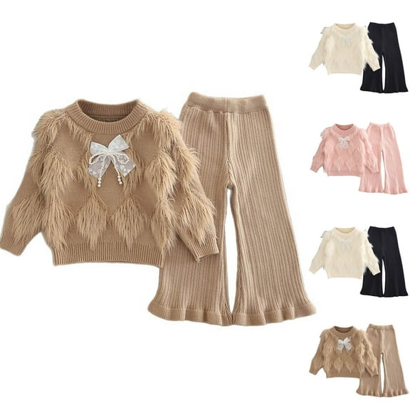 YHAJDS Boys Girls Casual Winter 2 Piece Outfits Set , Girl's Knitted Sweater 2 Piece Set Cardigan Top Pants Long Sleeves Round Neck Aged 1-8 Years