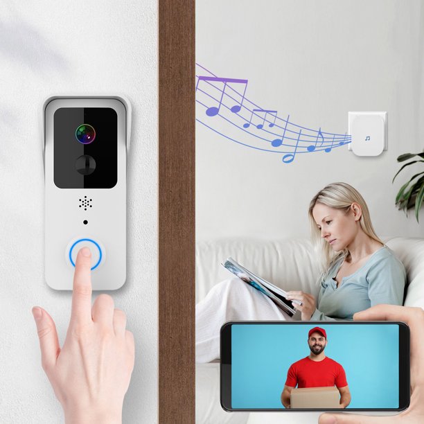 XWSHYW Seguridad Timbre de Puerta En Video Inalámbrico Remoto Inteligente, Timbre Visual Compatible En Wifi 2.4G/5G, Visión Nocturna Hd En 1080P, Audio Bidireccional En Dos Baterías de Litio y Máquin
