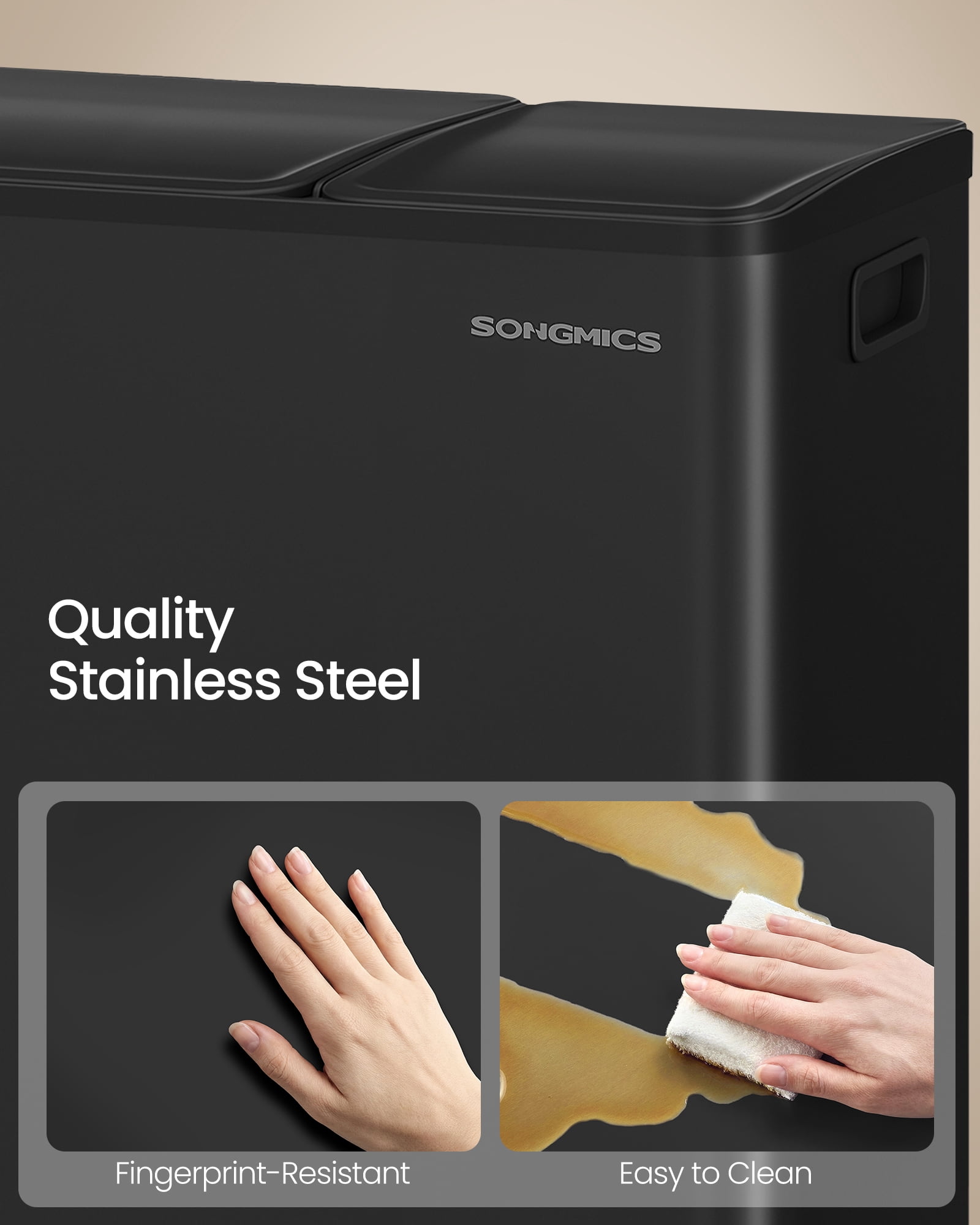 SONGMICS Kitchen Dual Trash Can, 13 + 5.3 Gallon 2-Compartment Trash Bin,Stainless Steel Garbage Can, Pedals, Soft-Close Lids, Inner Buckets, Black