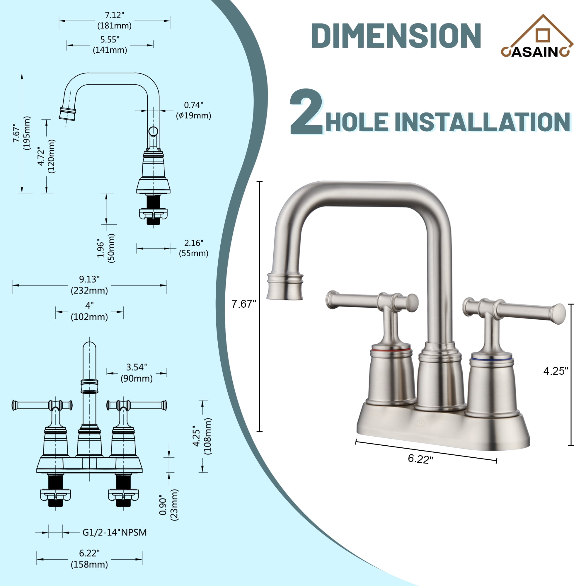 CASAINC Double Handle 2-Hole Centerset Bathroom Sink Faucet Pop Up Drain, Brushed Nickel