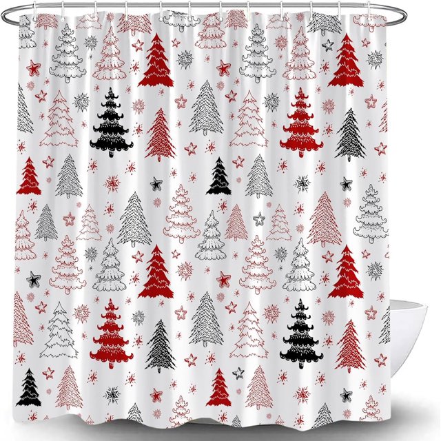 Christmas Tree Shower Curtain Red Black Grey Xmas Tree Retro Christmas Tree Snowflake Merry Christmas Pine Pattern New Year Rustic Winter Holiday Fabric Bath Curtain Set with Hook