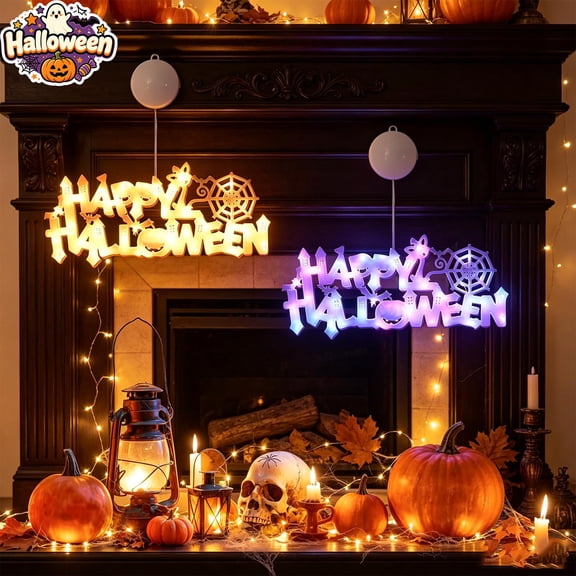 Happy Halloween LED Lighted Sign,Battery Powered Hollow Cutout Hanging Window Light with Suction Cups,Indoor Outdoor Halloween Decorations, Spooky Light Sign for Porch Party Home Window Decor,Purple